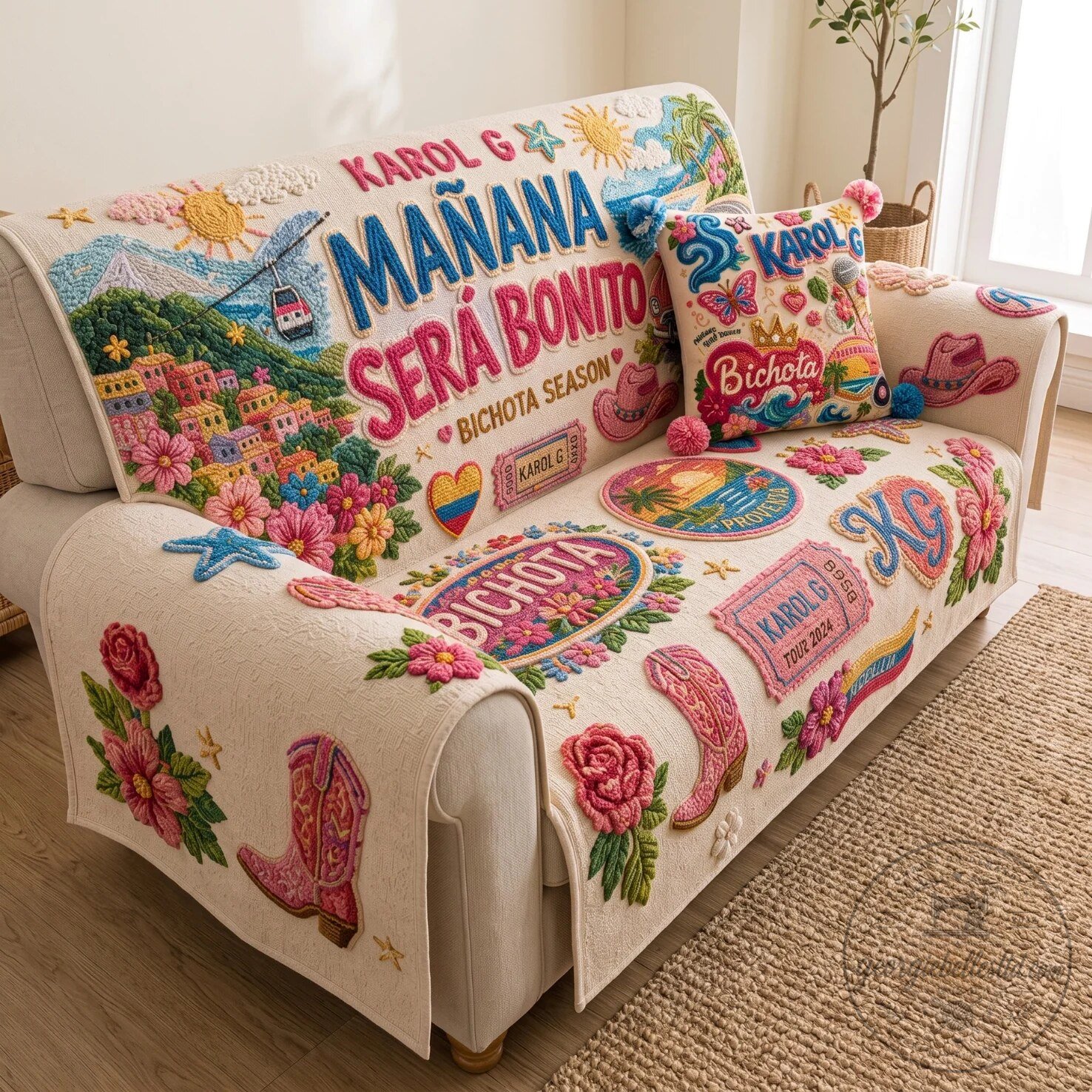 Sofa Cover and Pillow Set Featuring Karol G's Manana Sera Bonito Album Art