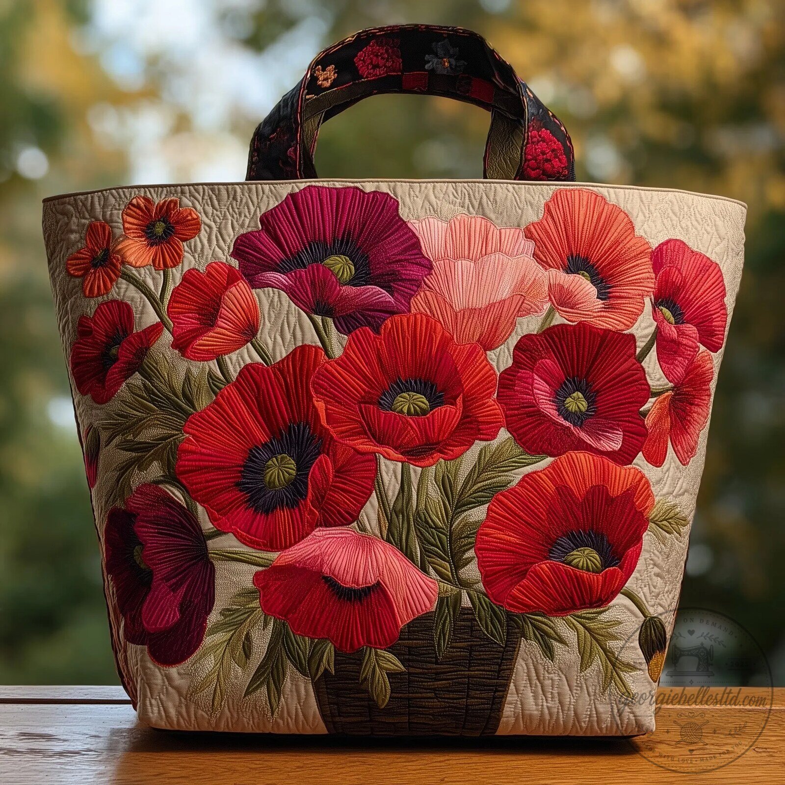 Red Poppy Floral Embroidered Quilted Tote Bag with Handles