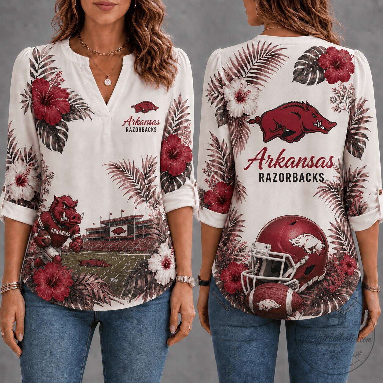 Arkansas Razorbacks Shirt Tropical Floral Game Day Long Sleeve Blouse