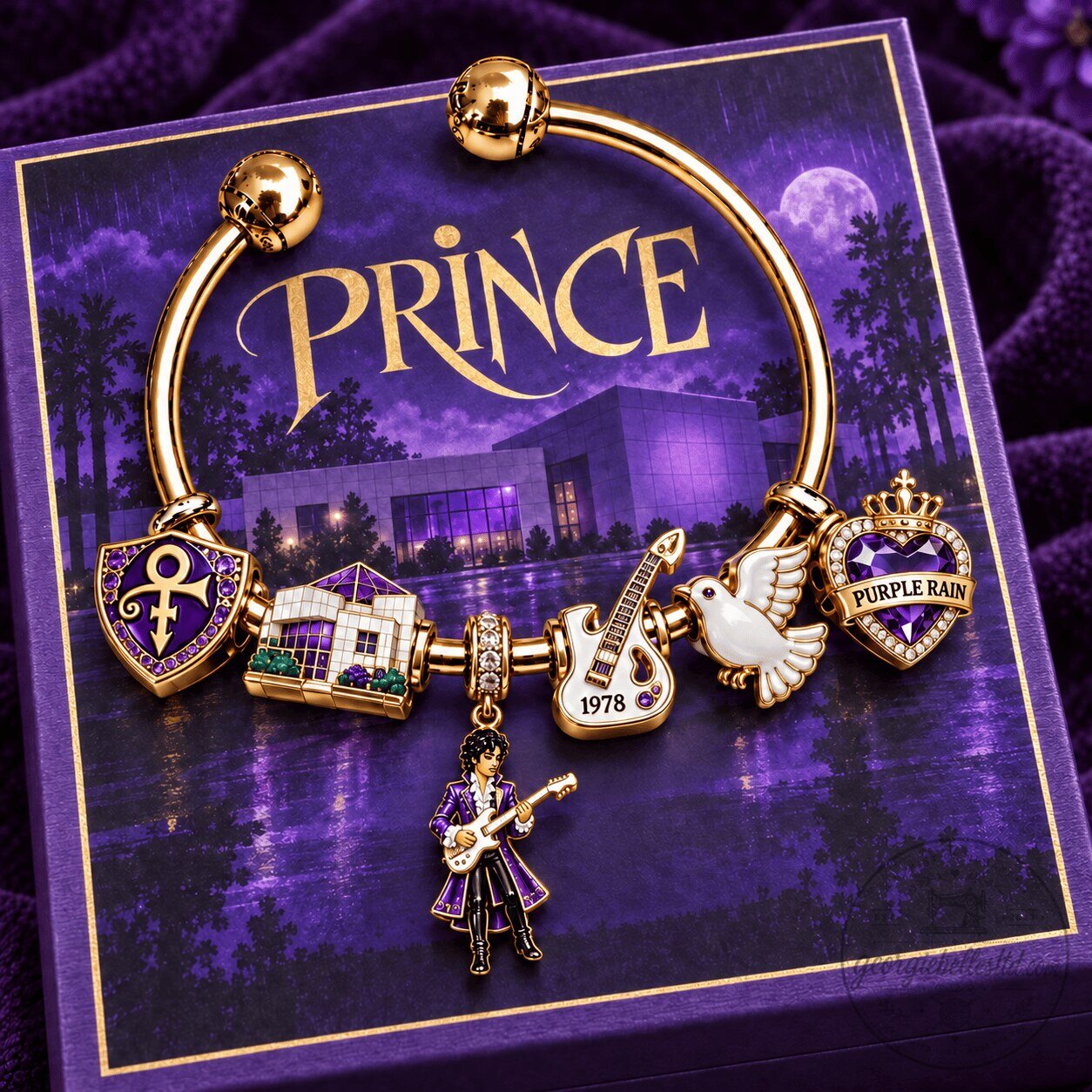 Prince Purple Rain Gold Charm Bracelet Set with Doves and Guitar Charms