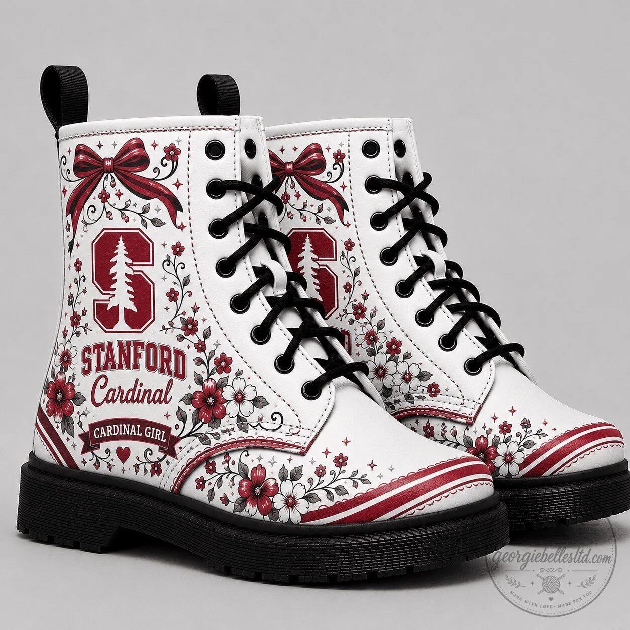 Stanford Cardinal White Combat Boots for Women, Stanford Girl Fan Shoes