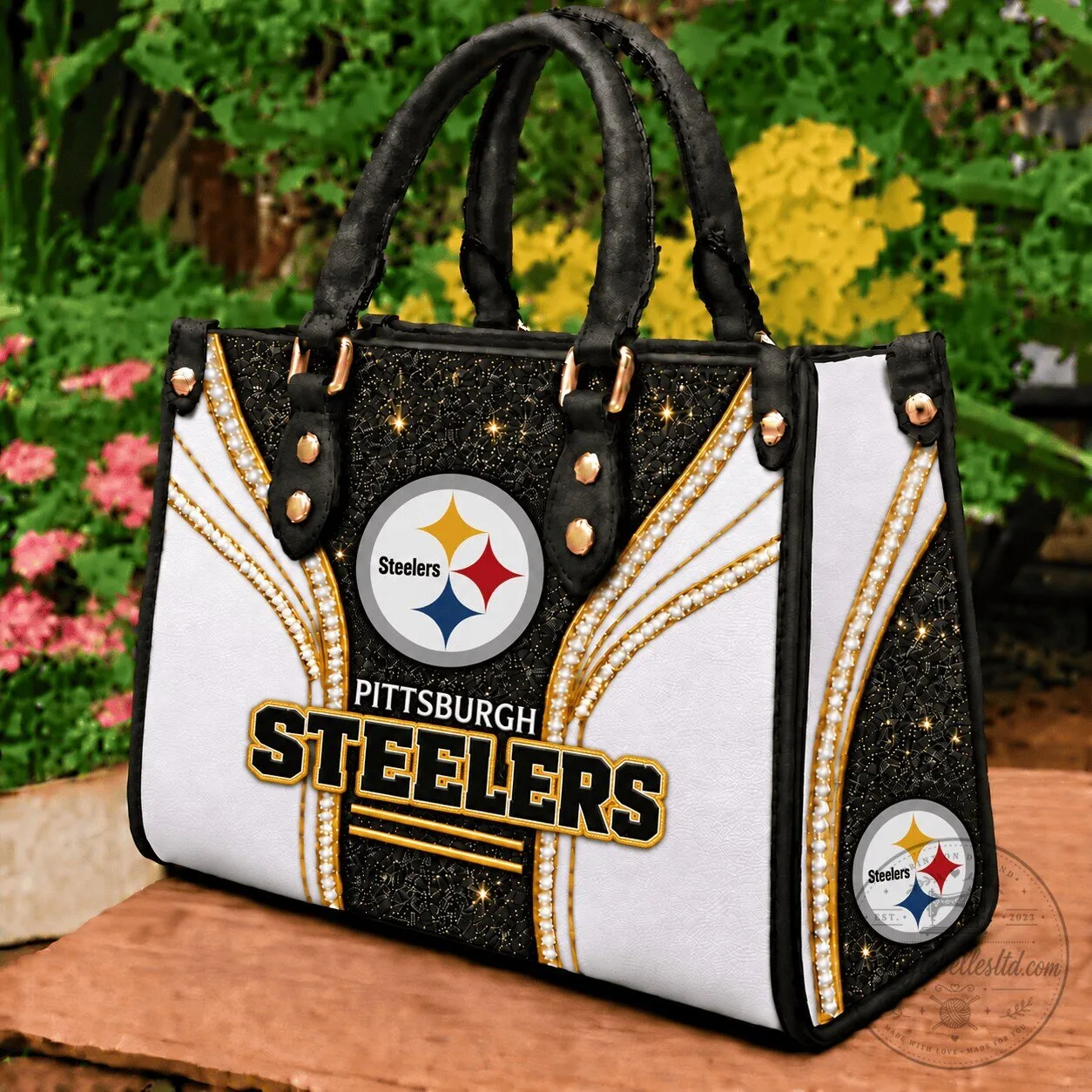 Pittsburgh Steelers Football Team Logo Black and White Leather Handbag 1 Pittsburgh Steelers Football Team Logo Black and White Leather Handbag
