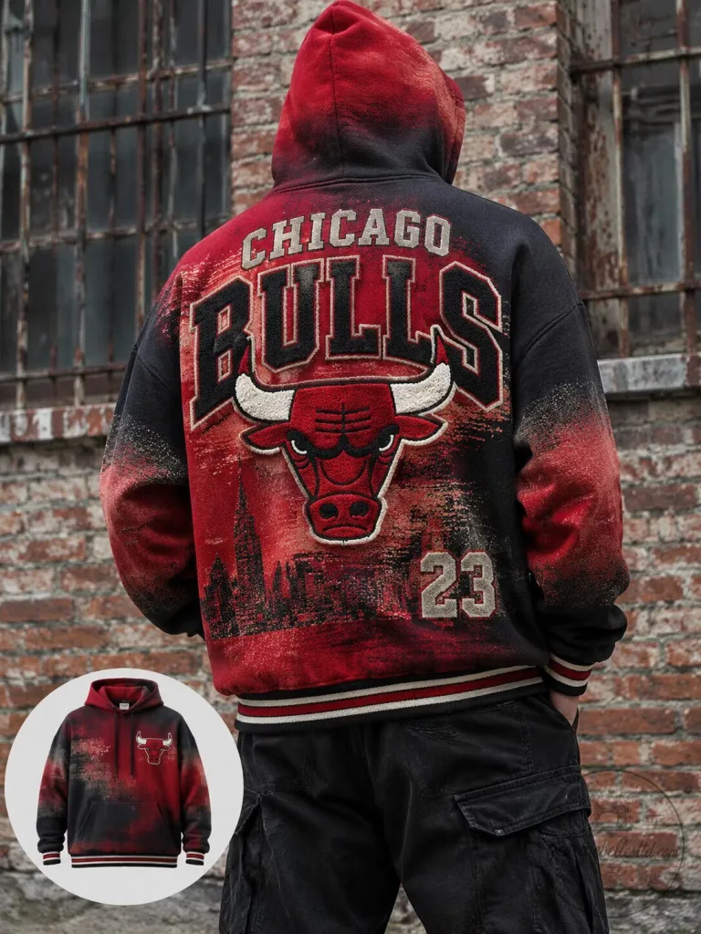 Red and Black Gradient Hoodie Featuring the Chicago Bulls NBA Basketball Team Logo