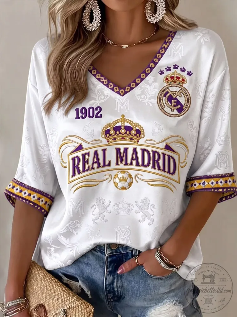 Real Madrid Women's V-Neck Short Sleeve Football T-Shirt 38 Real Madrid Women's V-Neck Short Sleeve Football T-Shirt