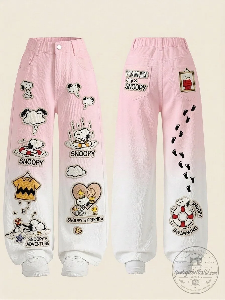 Snoopy Peanuts Cartoon Character Ombre Pink and White Wide Leg Pants