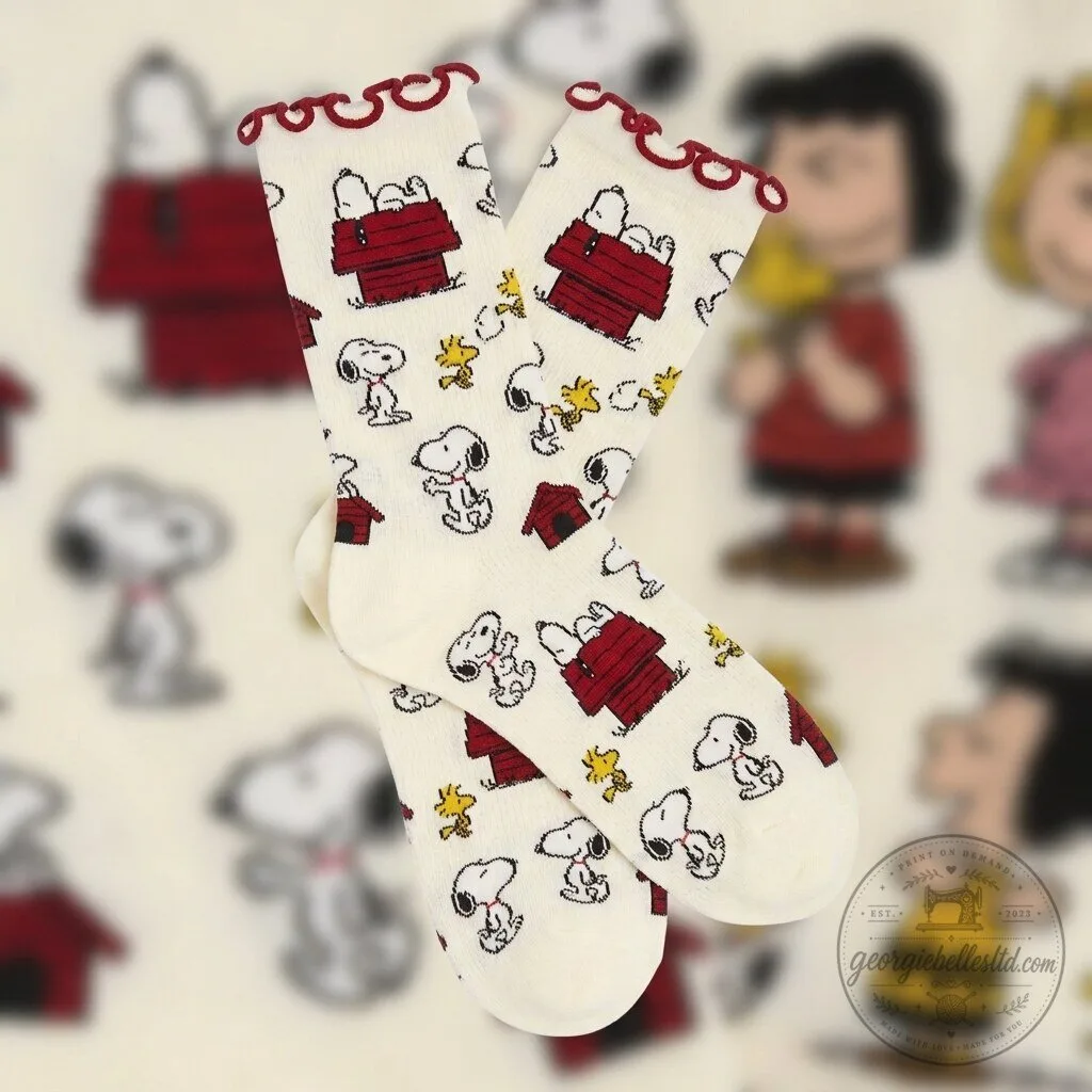 Snoopy and Woodstock Peanuts Cartoon Character White Crew Socks