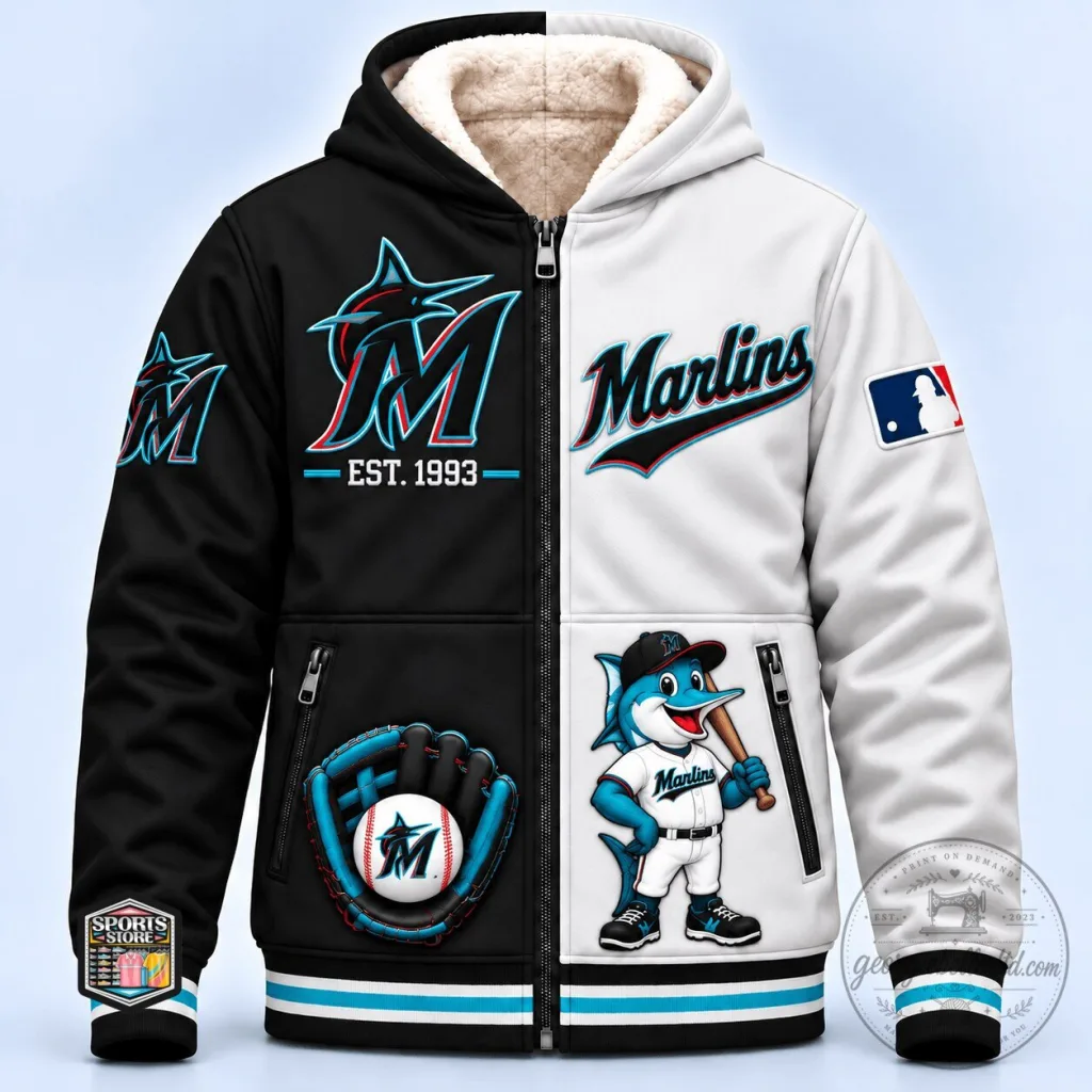 Miami Marlins Baseball Team Logo and Mascot Full-Zip Sherpa Lined Hoodie Miami Marlins Baseball Team Logo and Mascot Full-Zip Sherpa Lined Hoodie