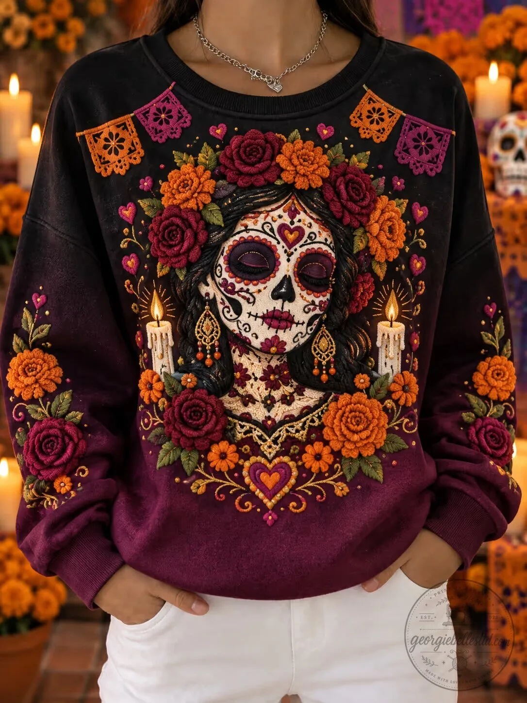 Day of the Dead Sugar Skull Woman Floral Embroidered Crewneck Sweatshirt