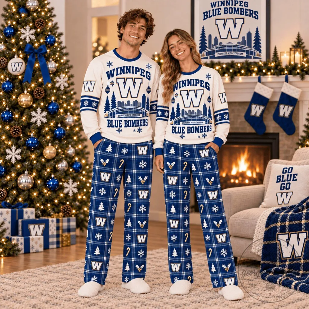 Winnipeg Blue Bombers Canadian Football League Christmas Pajamas Set Winnipeg Blue Bombers Canadian Football League Christmas Pajamas Set