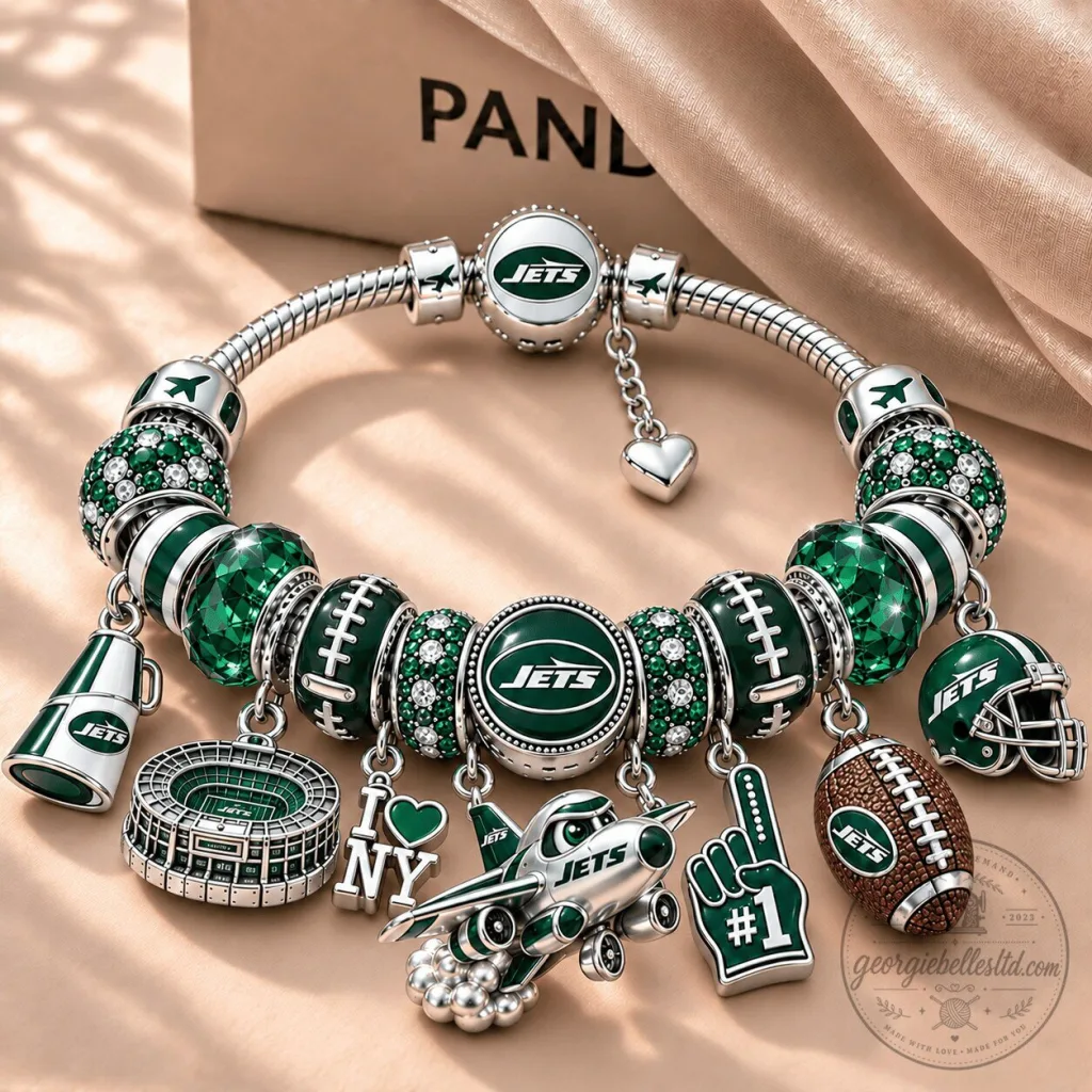 New York Jets Football Charm Bracelet with Sparkling Green Beads New York Jets Football Charm Bracelet with Sparkling Green Beads