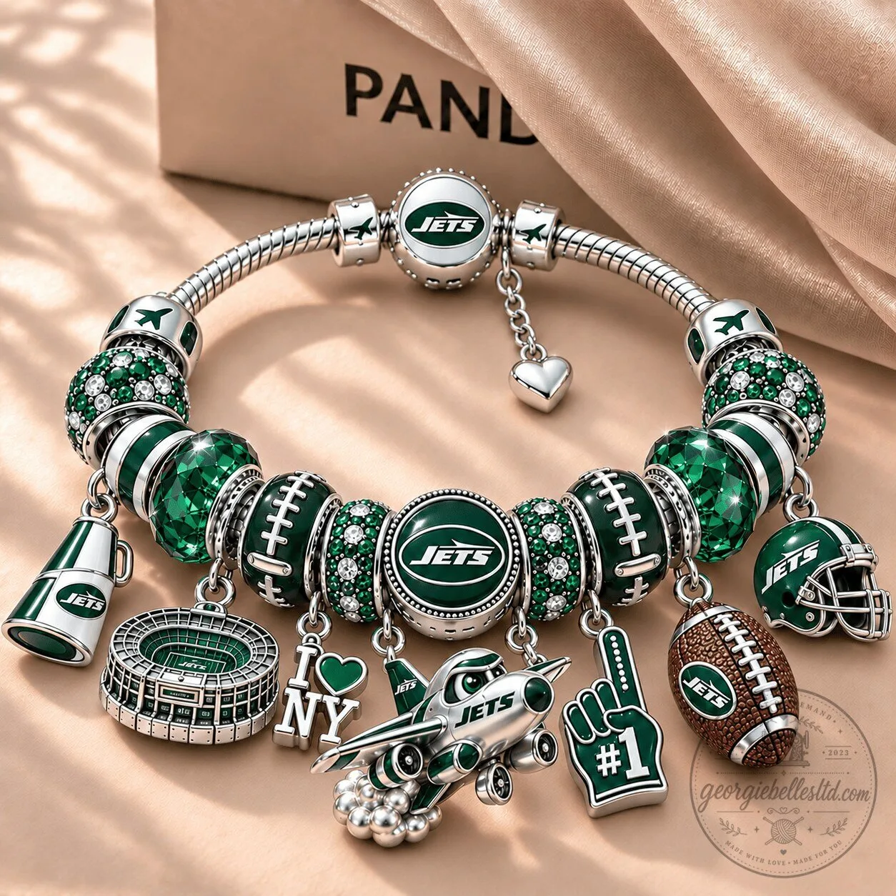 New York Jets Football Charm Bracelet with Sparkling Green Beads 1 New York Jets Football Charm Bracelet with Sparkling Green Beads