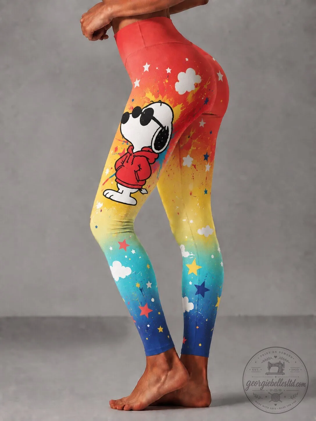 Snoopy Cartoon Character Rainbow Stars Women's High Waisted Yoga Leggings