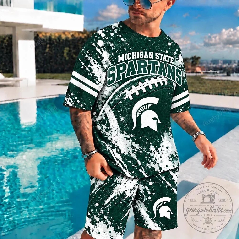 Michigan State Spartans Football Helmet Splatter Paint T-Shirt and Shorts Set