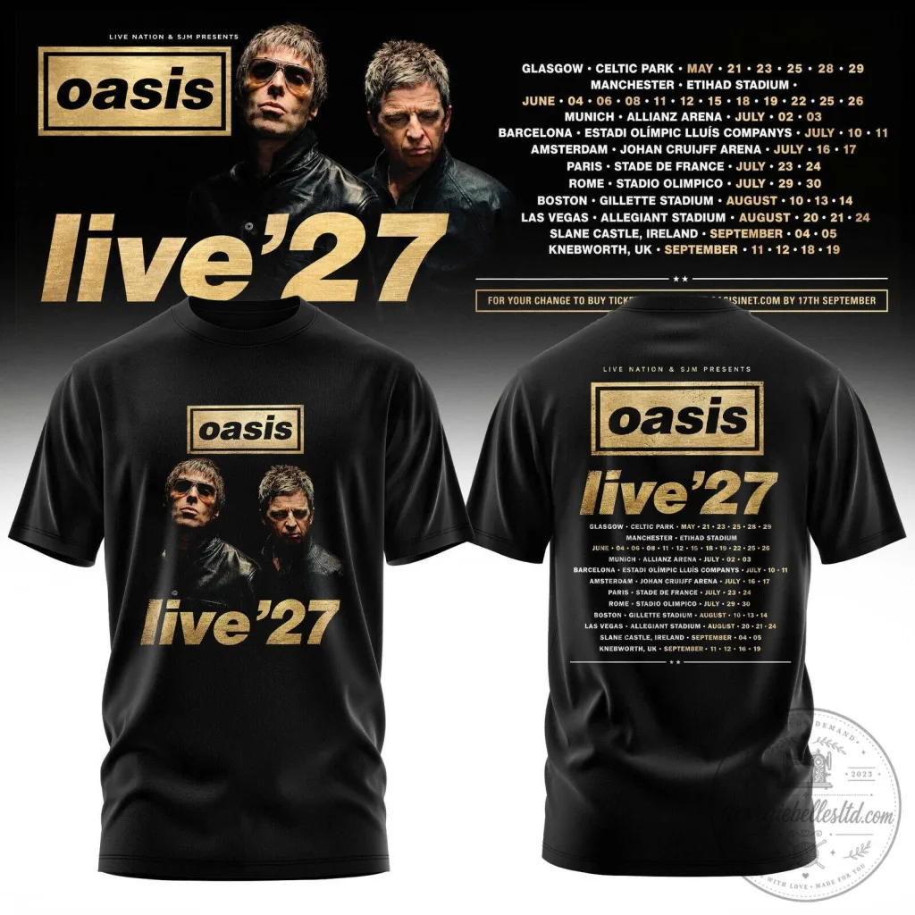 Oasis Live 27 Tour Dates Concert Music Band Black Adult T-Shirt Oasis Live 27 Tour Dates Concert Music Band Black Adult T-Shirt