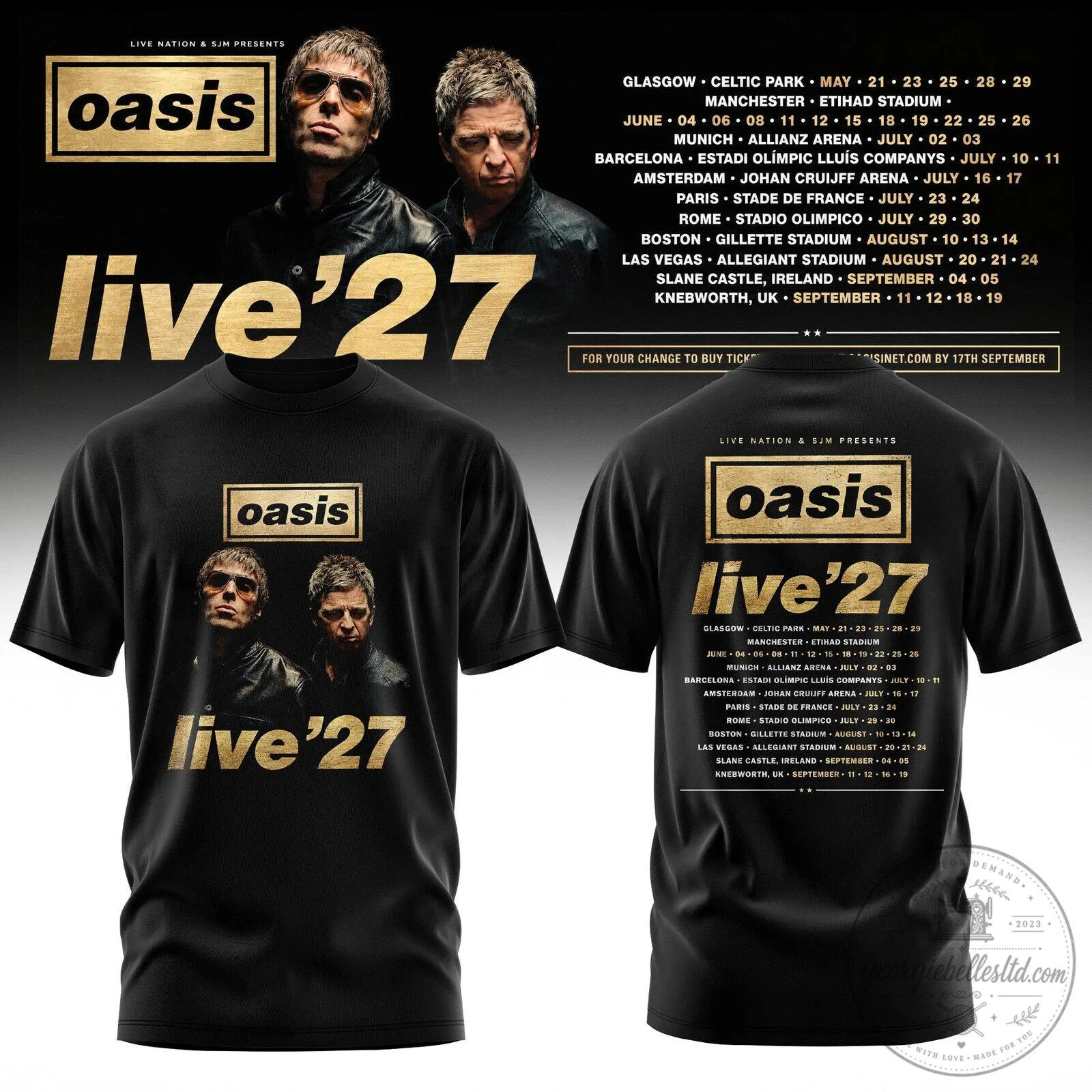 Oasis Live 27 Tour Dates Concert Music Band Black Adult T-Shirt