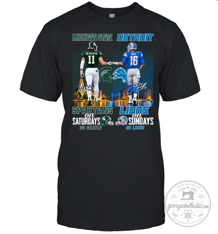 Michigan State Spartans Detroit Lions Alessio Milivojevic Jared Goff Football T-Shirt 1 Michigan State Spartans Detroit Lions Alessio Milivojevic Jared Goff Football T-Shirt