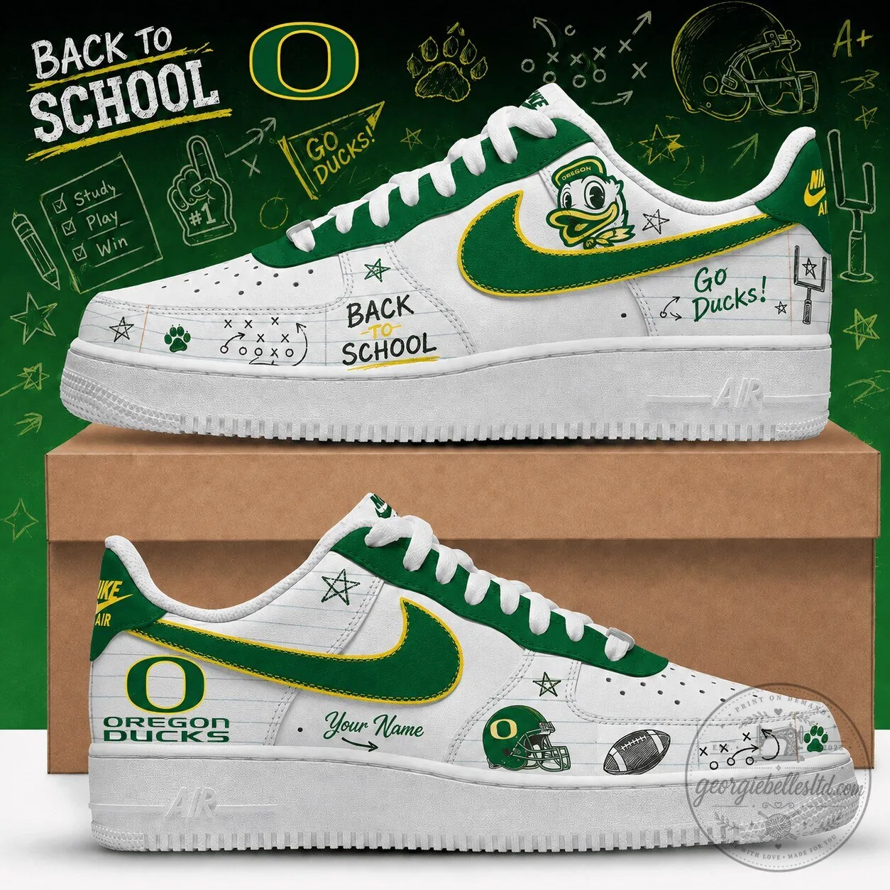 Back To School Oregon Ducks Custom Name White and Green Sneakers