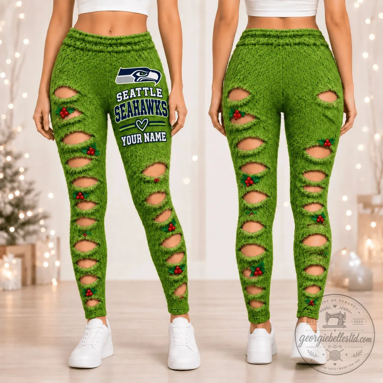 Seattle Seahawks Green Grinch Style Distressed Christmas Leggings