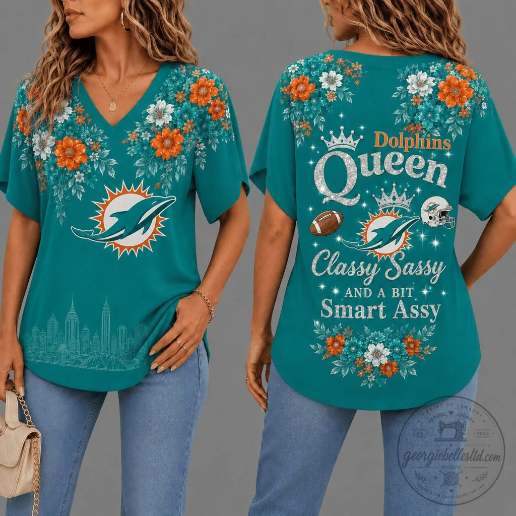 Miami Dolphins Shirt for Women, Classy Sassy Queen Floral V-Neck T-Shirt Miami Dolphins Shirt for Women, Classy Sassy Queen Floral V-Neck T-Shirt