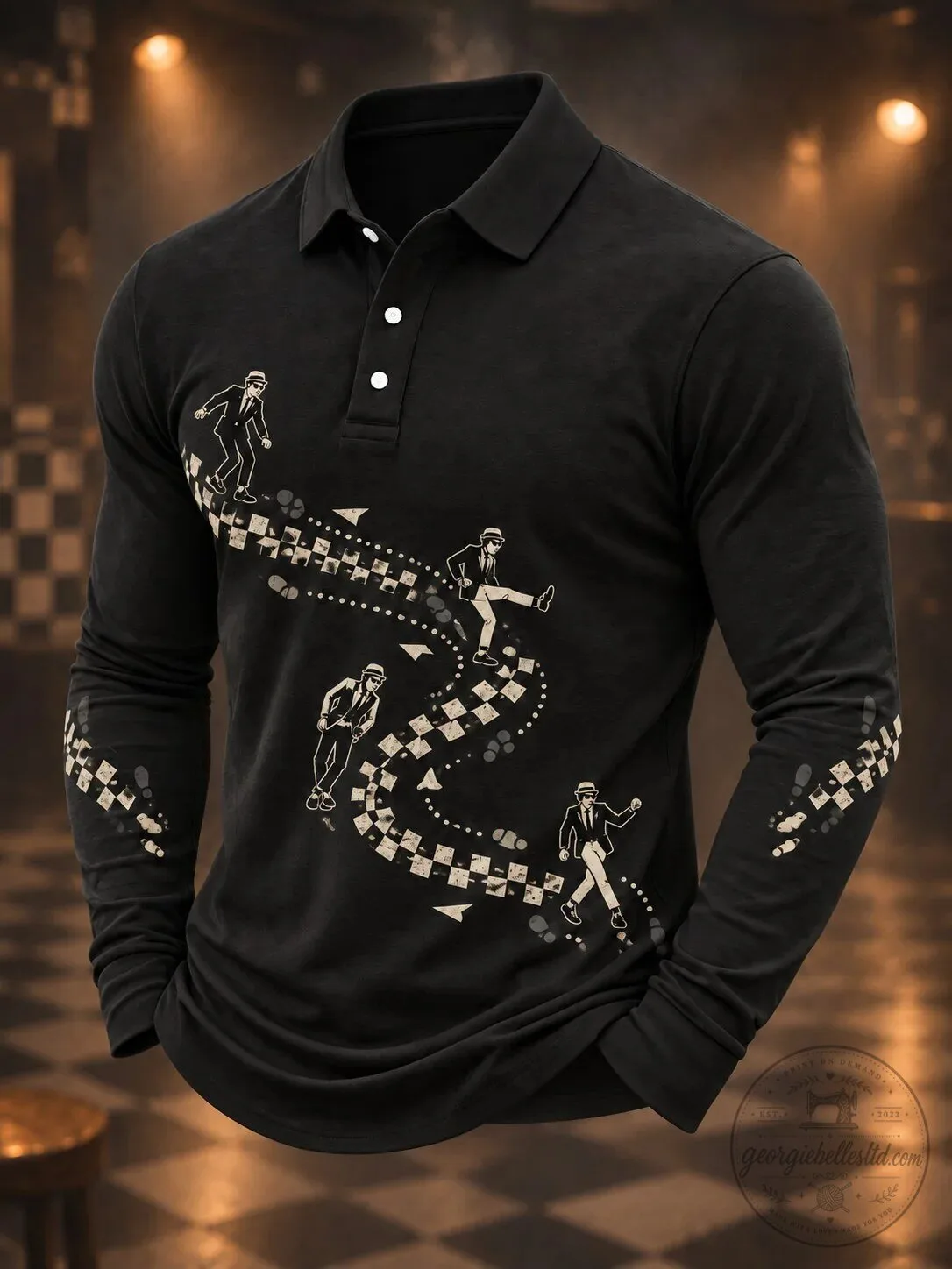 Ska Revival Style Skanking Men Black Long Sleeve Polo Shirt