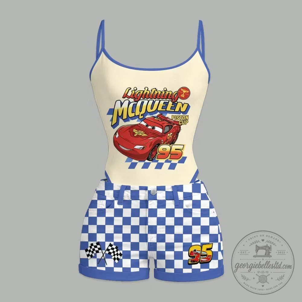 Lightning McQueen Piston Cup Checkered Shorts and Bodysuit Romper Set