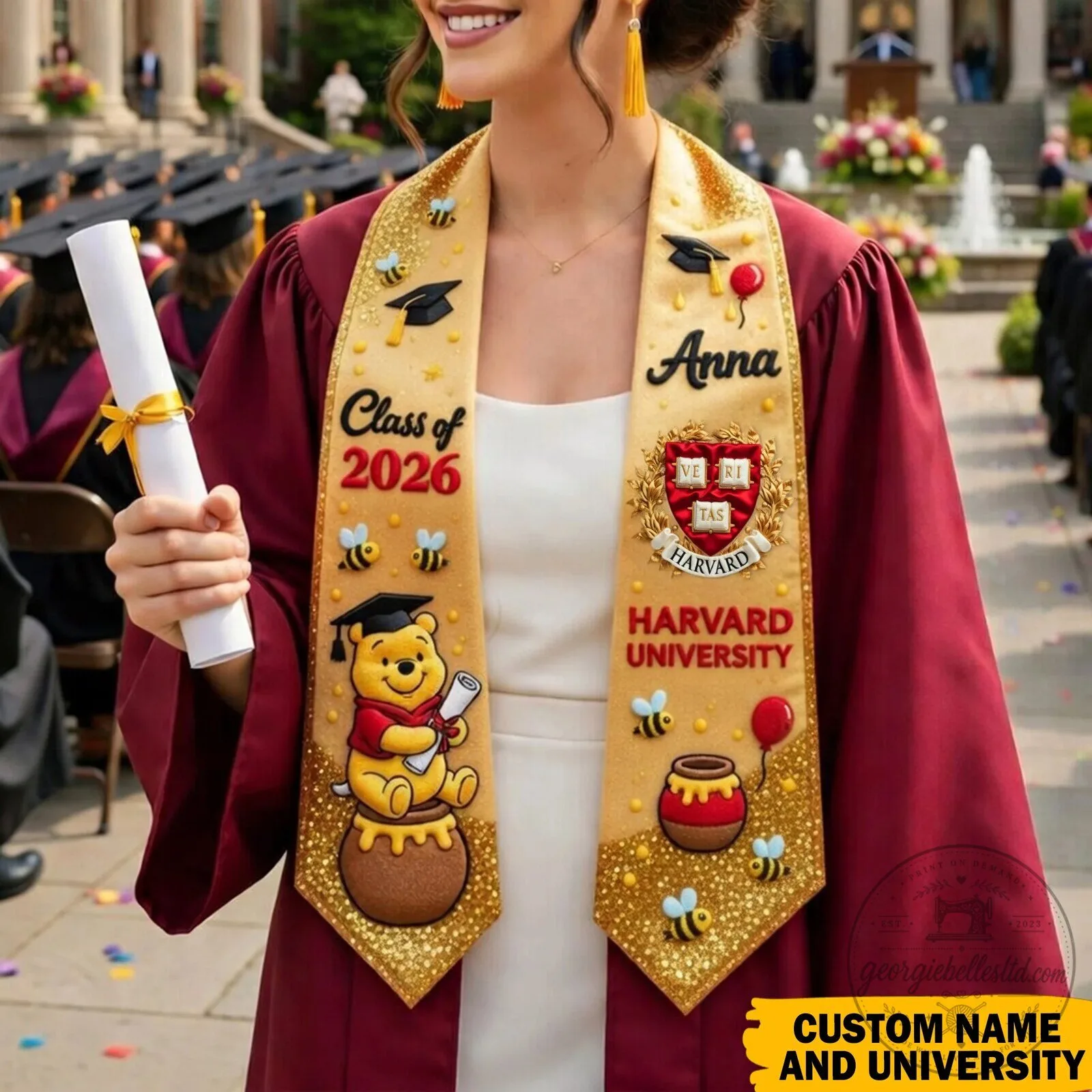 Winnie the Pooh Harvard University Graduation Stole Class of 2026 Personalized
