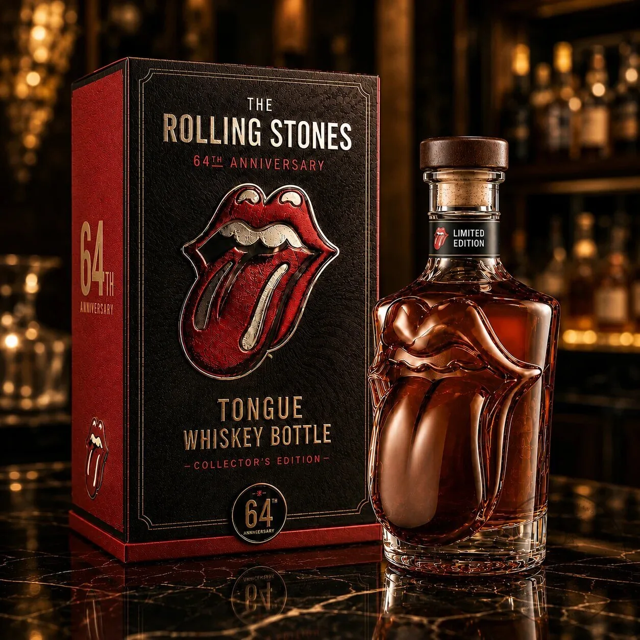 The Rolling Stones 64th Anniversary Tongue Whiskey Bottle Collector's Edition