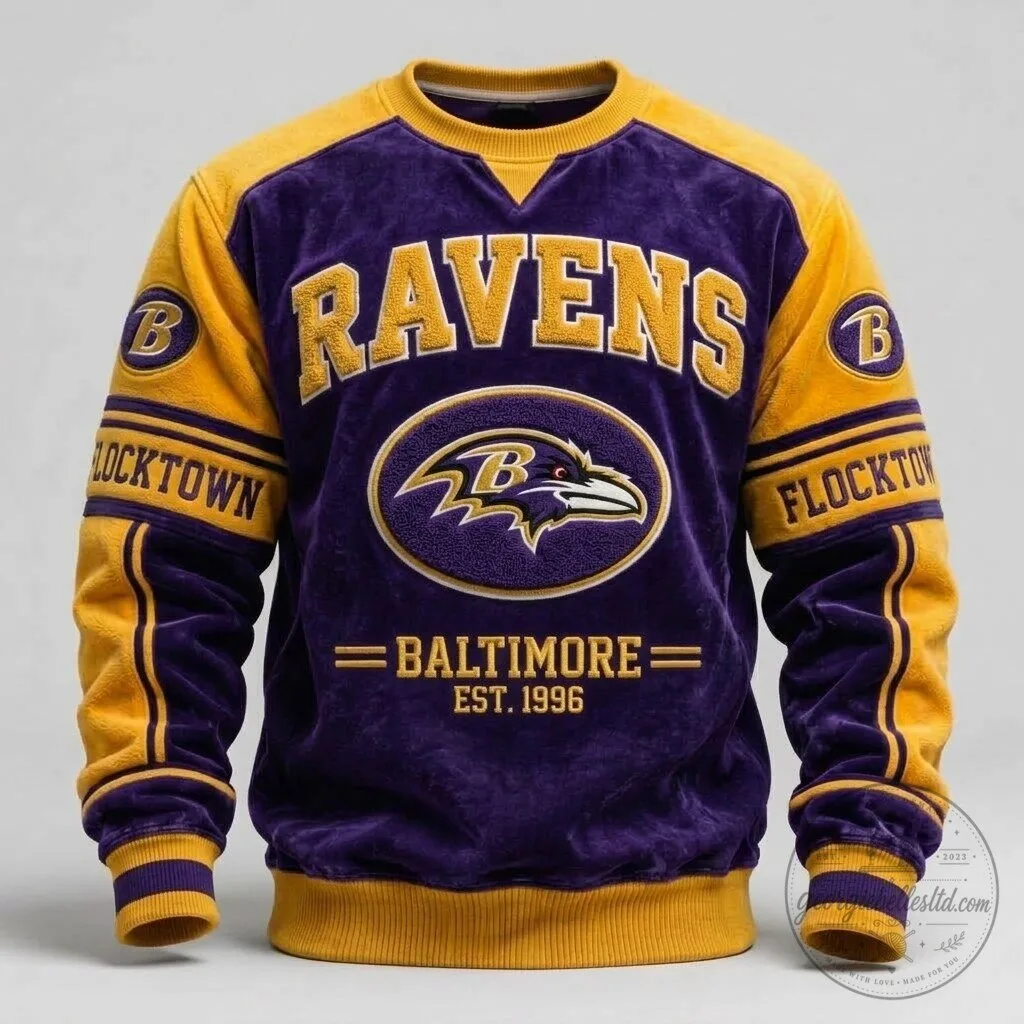 Baltimore Ravens Flocktown Est 1996 Embroidered Purple Gold Velour Sweatshirt