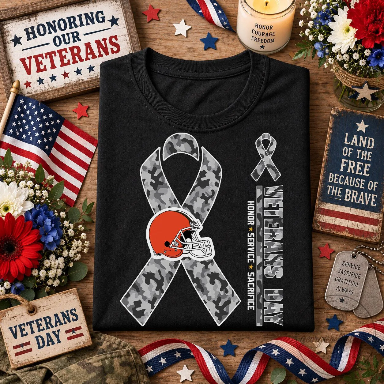 Cleveland Browns Veterans Day Camouflage Ribbon Football Helmet T-Shirt