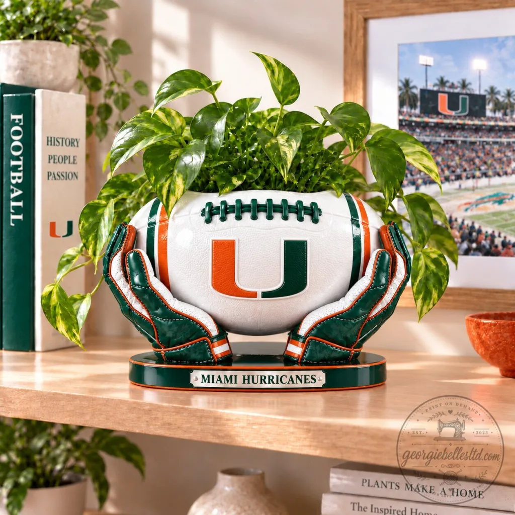 Miami Hurricanes Football Planter Pot with Hand Base for Desk and Shelf Decor Miami Hurricanes Football Planter Pot with Hand Base for Desk and Shelf Decor