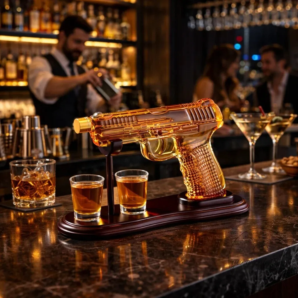 Whiskey Decanter Gun Set with Two Shot Glasses and Display Stand