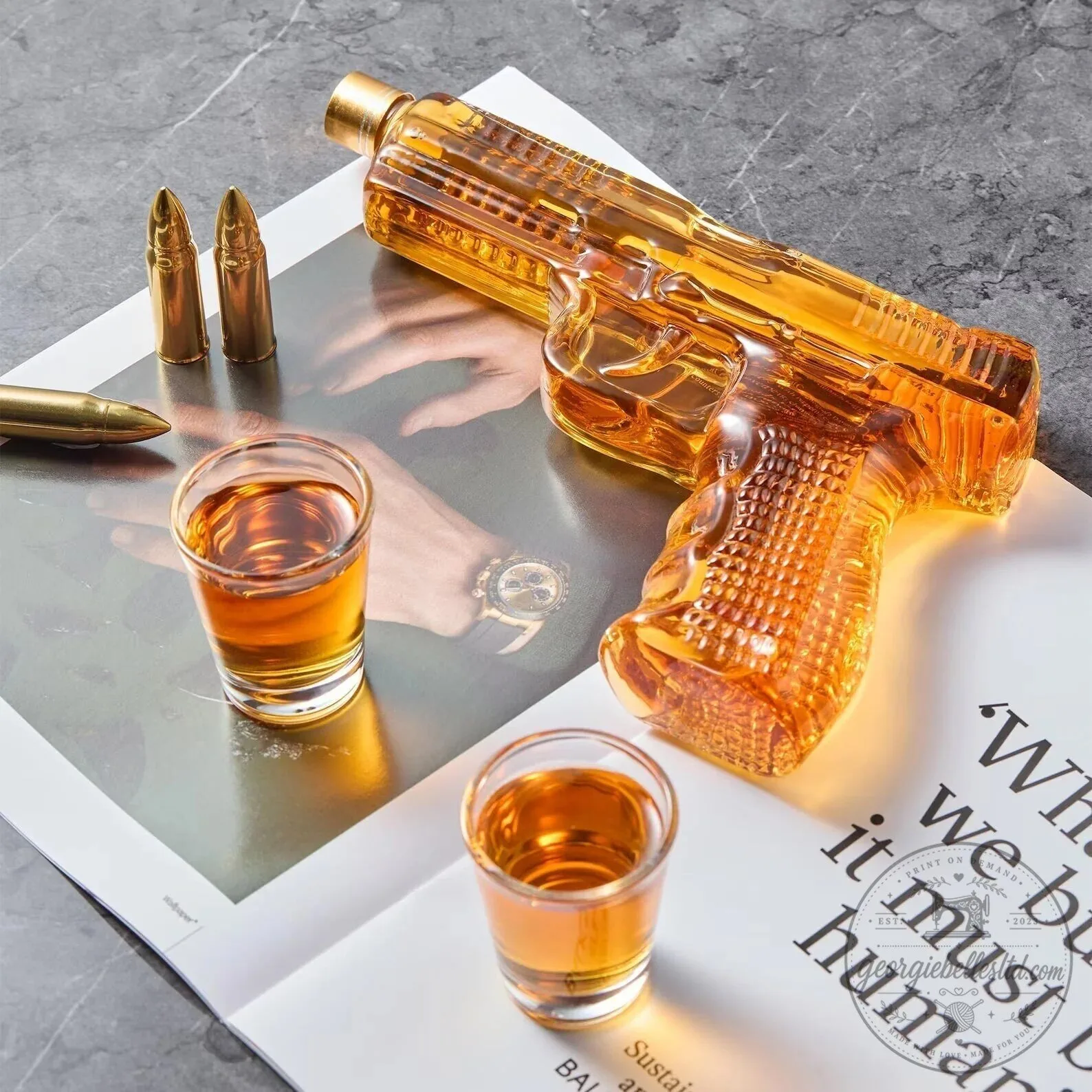 Whiskey Decanter Gun Set with Two Shot Glasses and Display Stand 9 Whiskey Decanter Gun Set with Two Shot Glasses and Display Stand