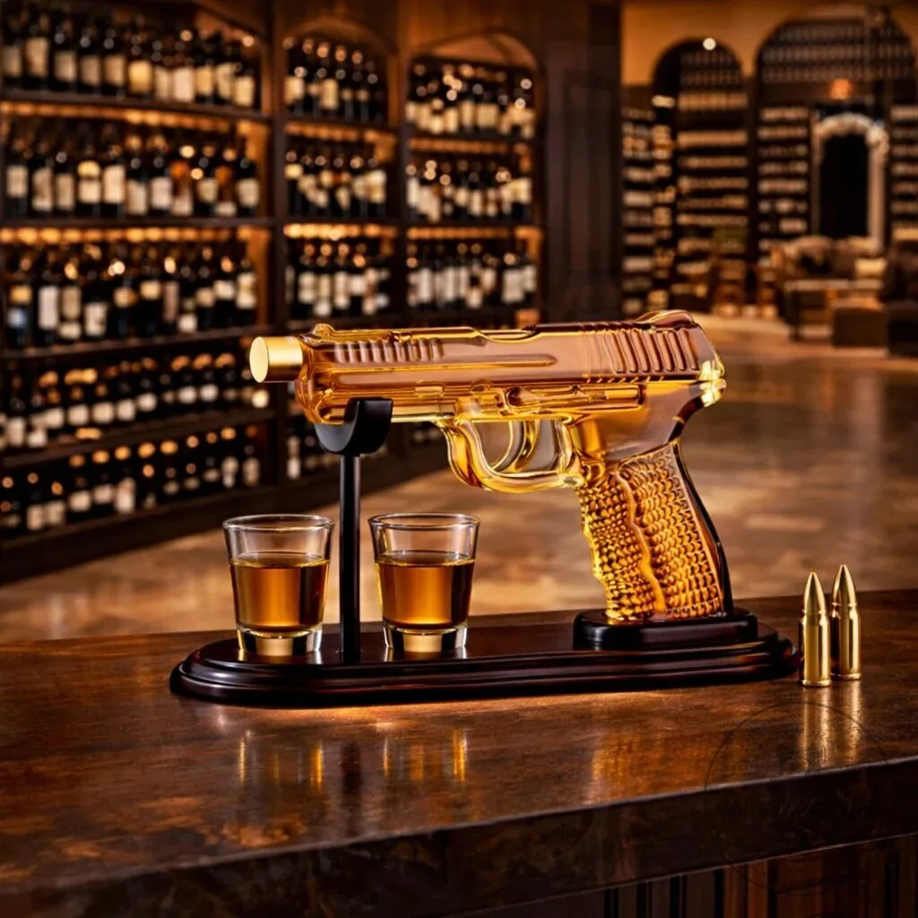Whiskey Decanter Gun Set with Two Shot Glasses and Display Stand 10 Whiskey Decanter Gun Set with Two Shot Glasses and Display Stand