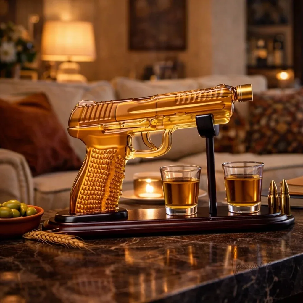 Whiskey Decanter Gun Set with Two Shot Glasses and Display Stand 12 Whiskey Decanter Gun Set with Two Shot Glasses and Display Stand