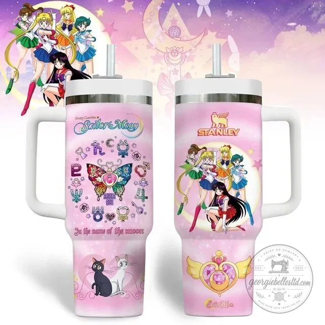 Sailor Moon Pretty Guardian Anime Characters Pink Tumbler with Handle and Straw