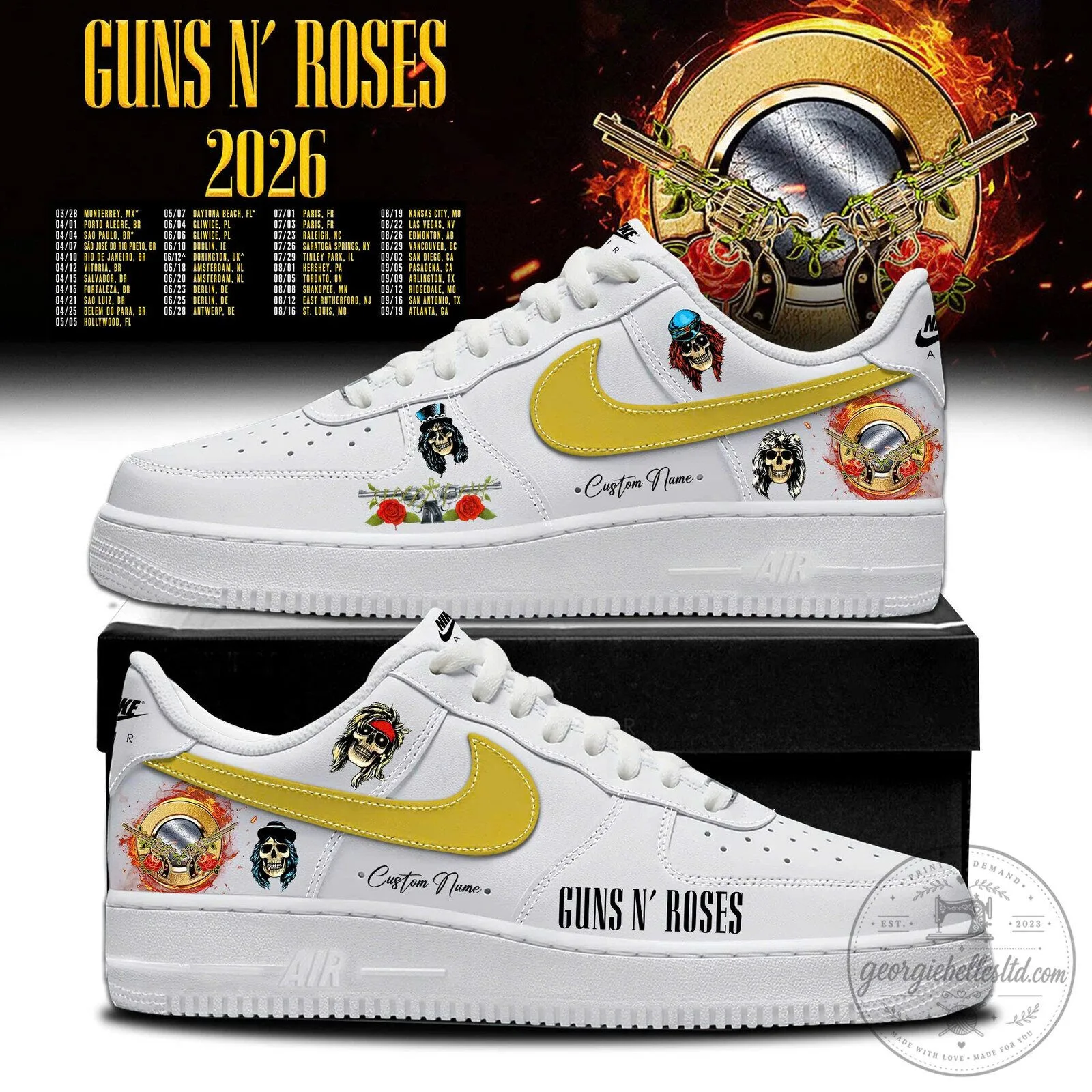Guns N' Roses 2026 Tour Custom Name White Sneakers