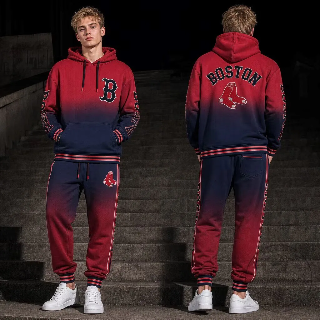 Boston Red Sox Gradient Red And Navy Hoodie And Sweatpants Tracksuit Set
