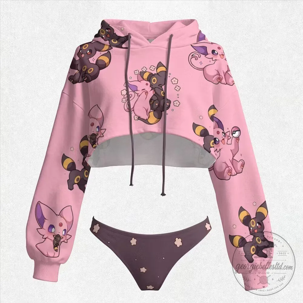 Pokemon Umbreon Espeon Pink Crop Top Hoodie and Panty Set