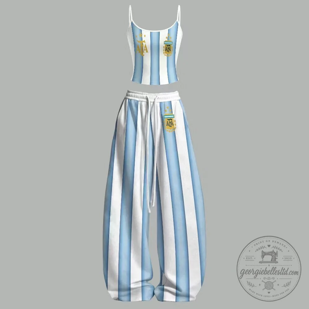Argentina Football Team Striped Crop Top and Pants Two-Piece Set