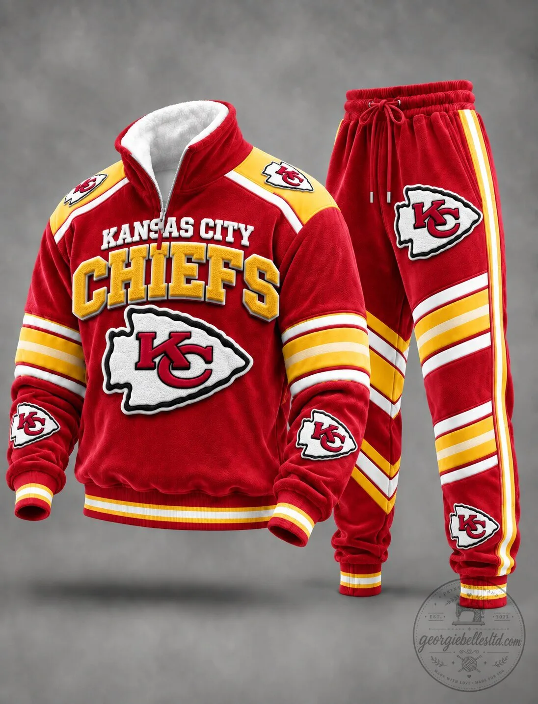 Kansas City Chiefs Football Team Half-Zip Pullover Sweatshirt and Jogger Pants Tracksuit