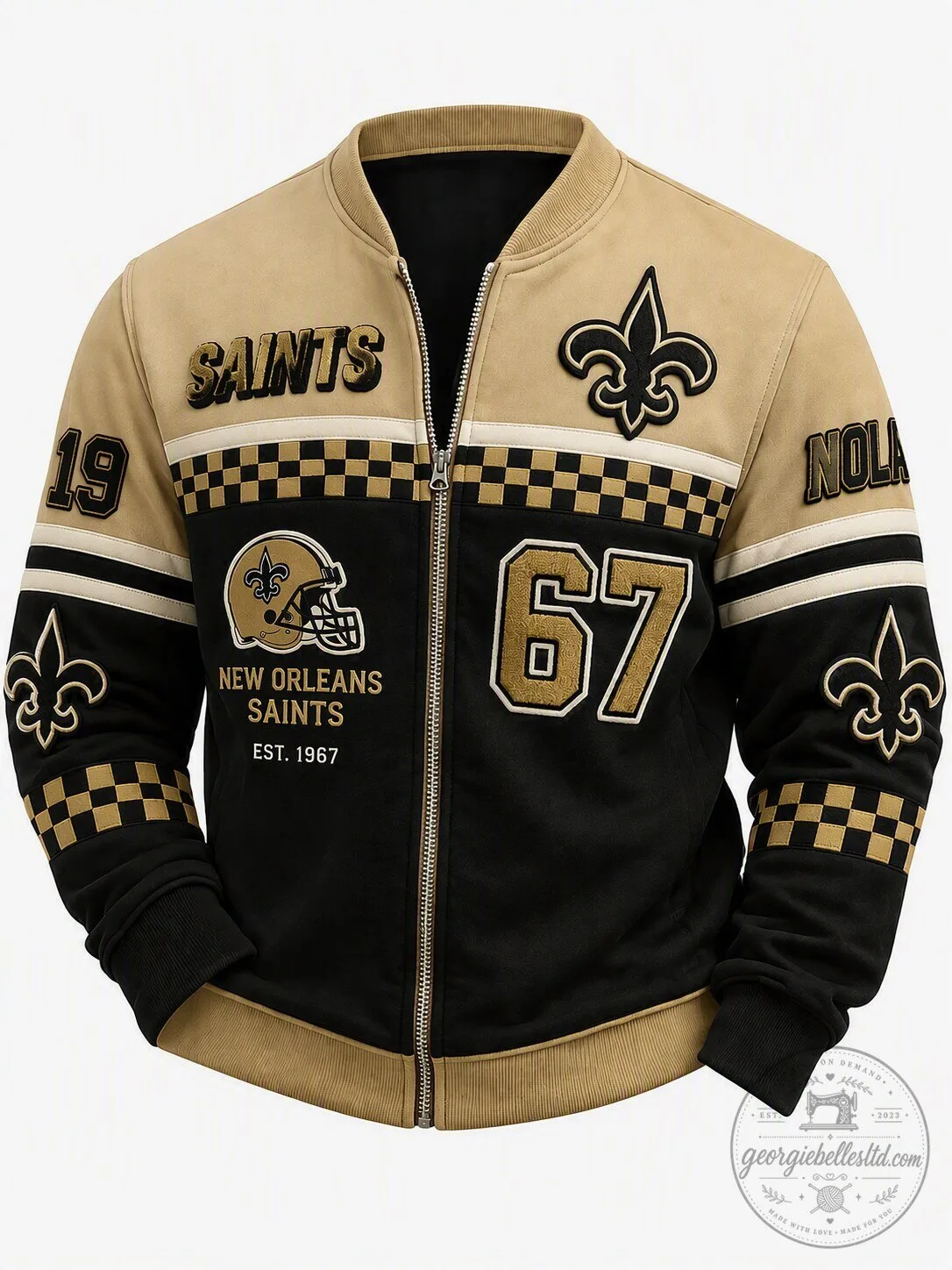 New Orleans Saints Football Team Bomber Jacket with Fleur-de-Lis and Checkered Trim 1 New Orleans Saints Football Team Bomber Jacket with Fleur-de-Lis and Checkered Trim