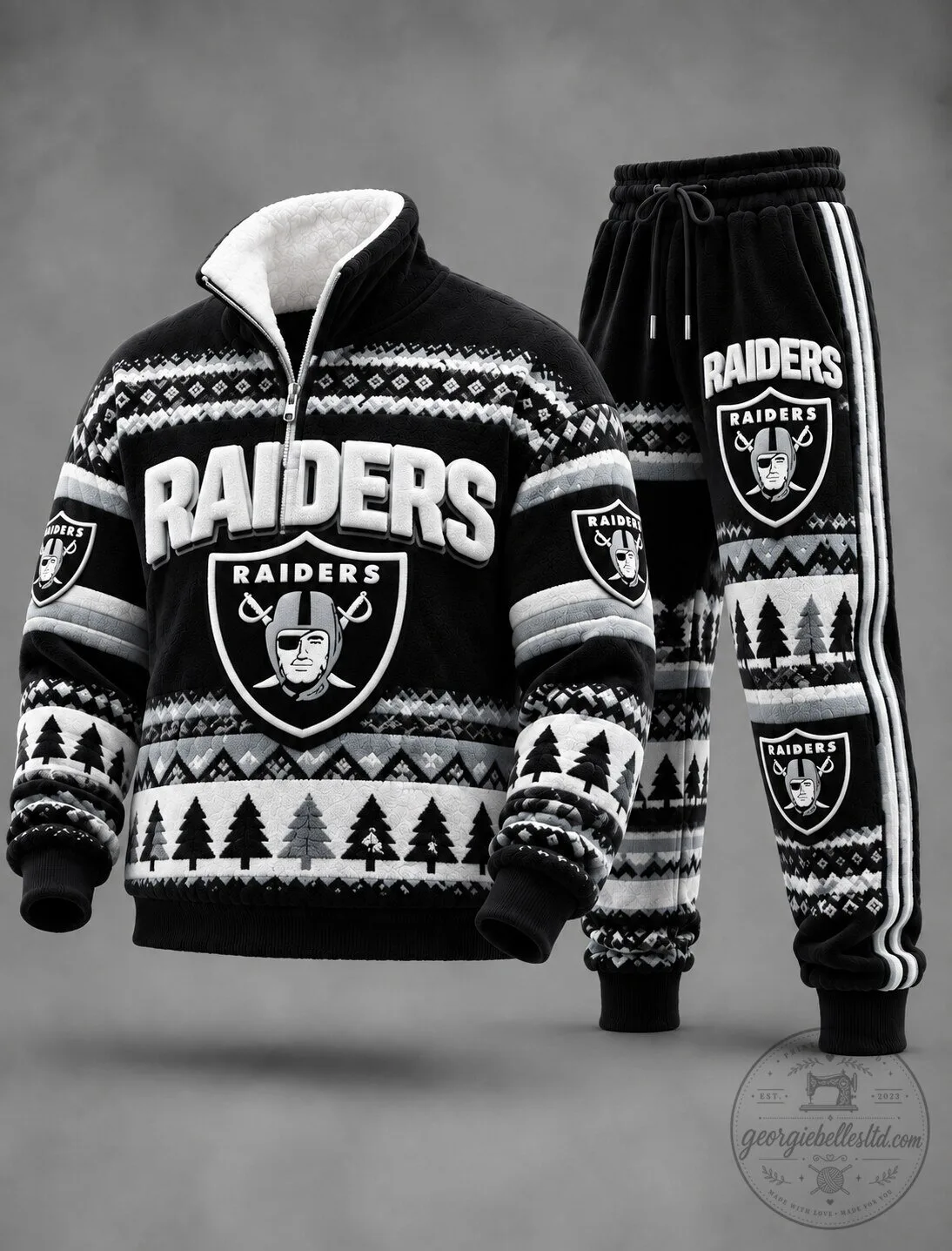 Las Vegas Raiders Ugly Christmas Quarter-Zip Pullover Sweatshirt and Jogger Sweatpants
