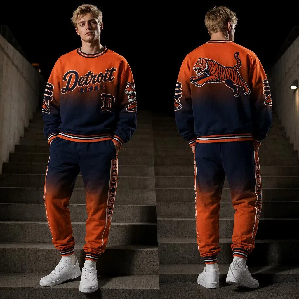 Detroit Tigers Orange And Navy Gradient Sweatshirt And Sweatpants Set