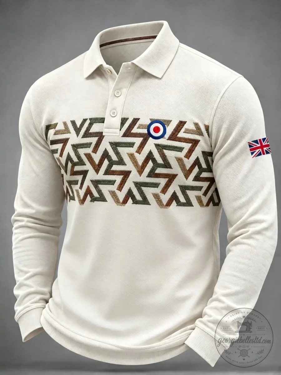Men's British Mod Target Embroidered Long Sleeve Polo Shirt