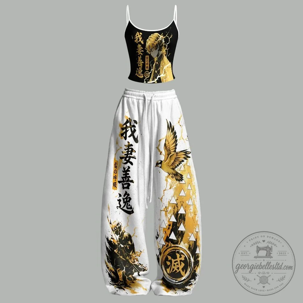 Demon Slayer Zenitsu Agatsuma Anime Crop Top and Elasticated Trousers Two-Piece Set