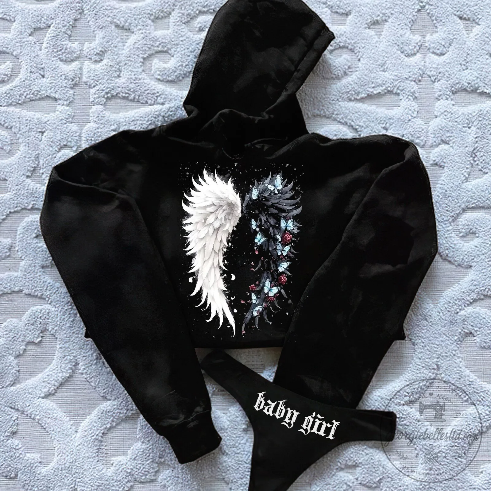 Angel Or Devil Wings Cropped Hoodie for Women with Baby Girl Thong 1 Angel Or Devil Wings Cropped Hoodie for Women with Baby Girl Thong