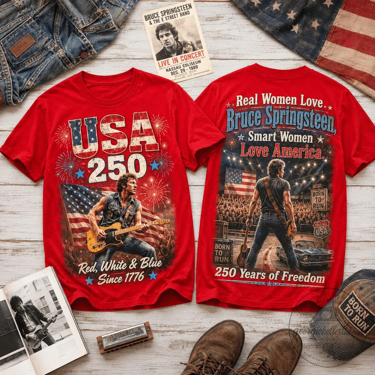 Bruce Springsteen USA 250 Red White Blue Guitar Patriotic Concert T-Shirt