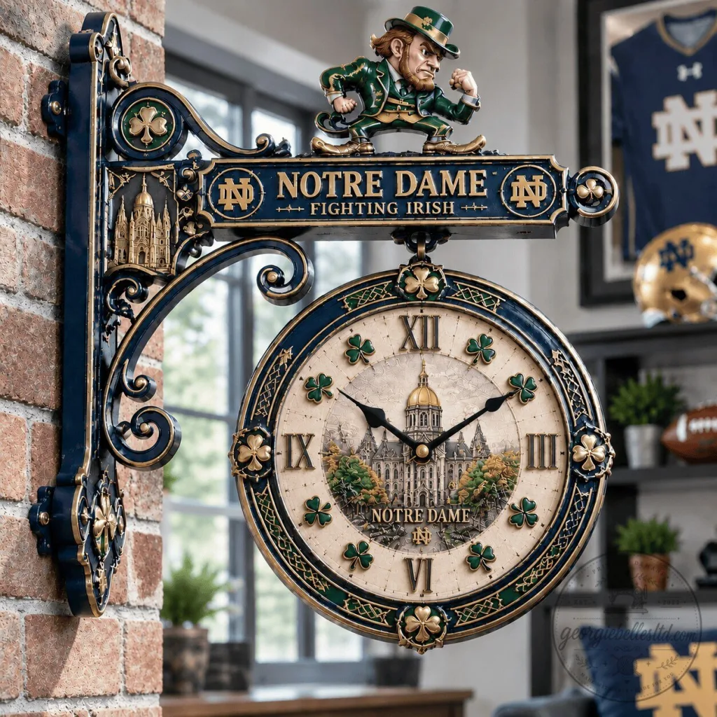 Notre Dame Fighting Irish Double Sided Wall Clock with Leprechaun Figurine Notre Dame Fighting Irish Double Sided Wall Clock with Leprechaun Figurine