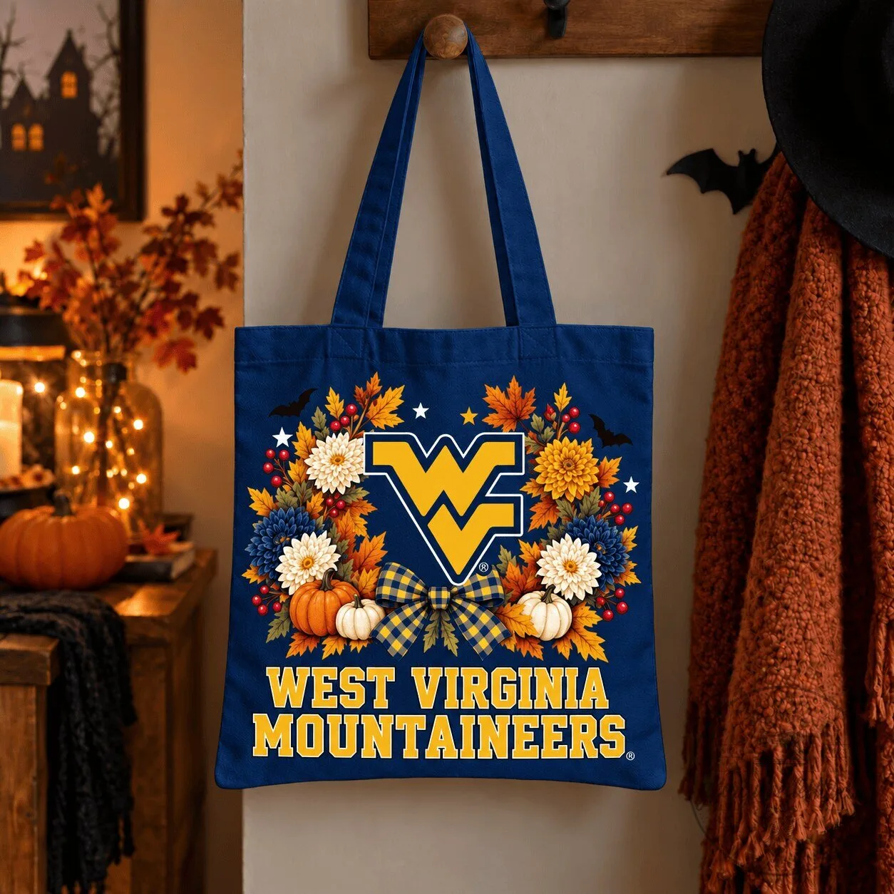West Virginia Mountaineers Halloween Autumn Floral Wreath Tote Bag
