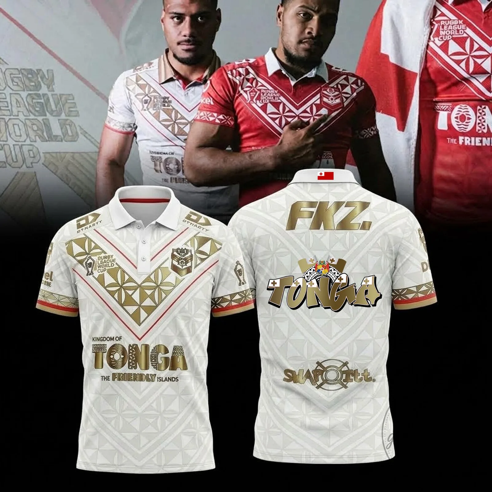 Tonga Rugby League 2026 World Cup White and Gold Polo Shirt